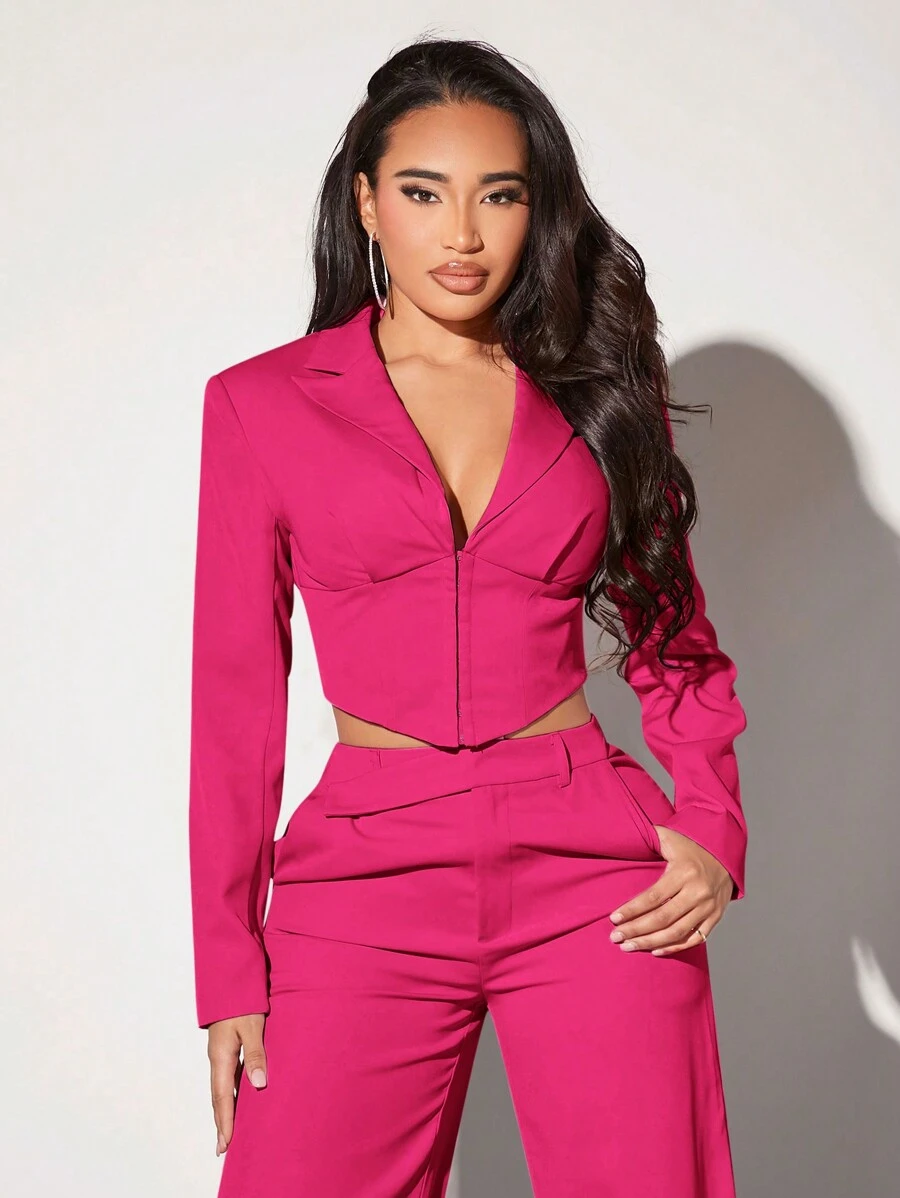 SHEIN SXY Women Solid Color Slim Fit Short Blazer With Notched Collar - Hot Pink - View 1