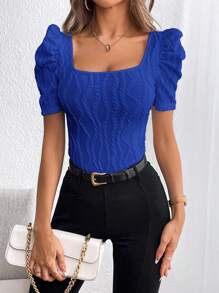 SHEIN Privé Women Solid Color Textured Lamb Leg Sleeve T-Shirt For Summer - Royal Blue - View 3