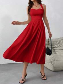 Firerie Vestido largo sin mangas con cuello halter cruzado francés para mujer - Rojo - Ver 3