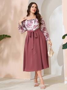 Modelyn Random Floral Printed Plus Size Off-Shoulder Long Sleeve Spring/Summer Dress Maxi Women Outfit Long Evening Dresses