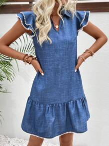 SHEIN LUNE 女士夏季假日牛仔效果盖袖 A 字连衣裙 - 藍色 - 查看 4