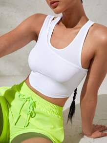 SHEIN Sports Women Summer Solid Color 2 In 1 Back Cut Out Crop Sports Tank Top - White - View 1