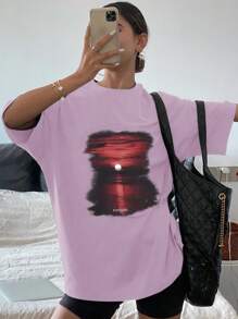 DAZY Seascape Printing Loose Short Sleeve Round Neck T-Shirt Summer Graphic Tee Oversized T-Shirt - Purple - View 1