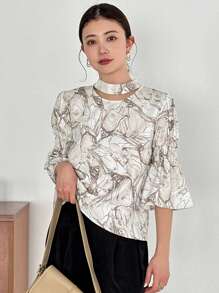 FRIFUL Women Summer Loose Blouse With All-Over Print And Hollow Out Sleeves Long Sleeve Top - Apricot - View 3
