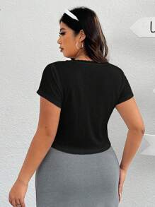 SHEIN EZwear Kích thước lớn Chất rắn Gân đan To lớn Vòng cổ Chèn Lace Co giãn Áo thun - màu đen - Xem 2