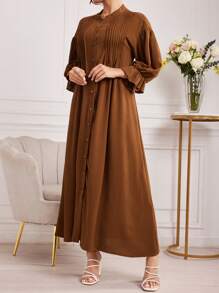Mulvari 女士纯色宽松休闲连衣裙，带褶皱、落肩、灯笼袖和纽扣设计，超长女士服装 - 棕色 - 查看 7