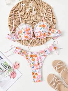 SHEIN Swim 女士度假迷你花卉比基尼套装夏季海滩 - 橘色 - 查看 1