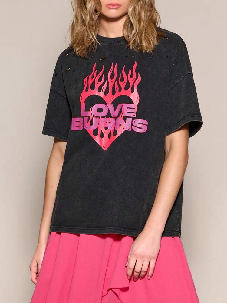 Women's Summer Heart & Flame Print Round Neck Short Sleeve Casual T-Shirt