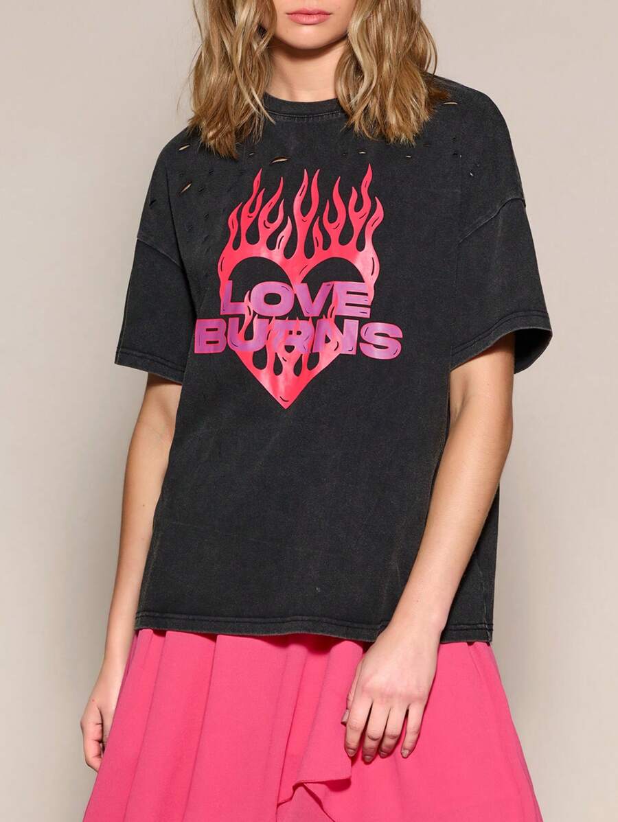 SHEINNeu Women's Summer Heart & Flame Print Round Neck Short Sleeve Casual T-Shirt - Black - View 1