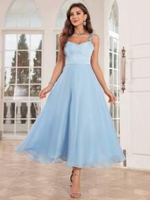 Tie-Up A-Line Organza Bridesmaid Dress - Blue - View 1