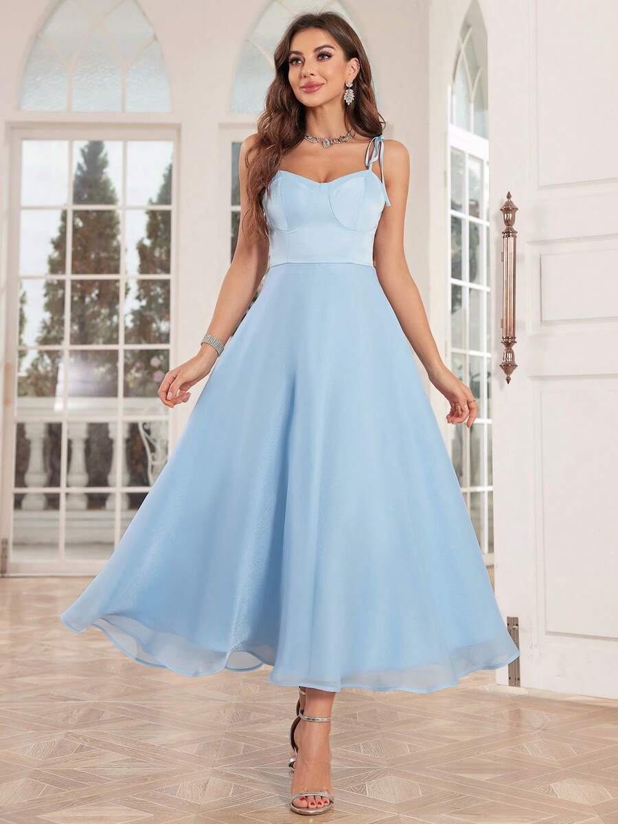 Tie-Up A-Line Organza Bridesmaid Dress - Blue - View 1