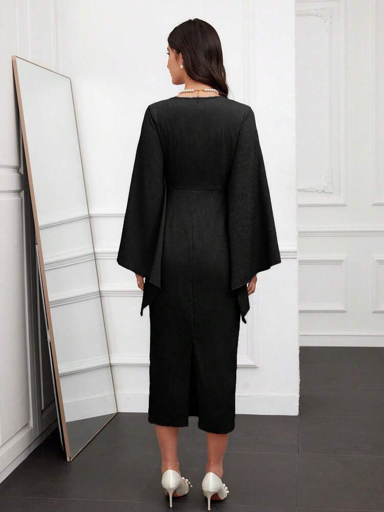 Women Spring/Summer V-Neck Solid Color Slim Fit Elegant Dress With Flare Sleeves Long Evening Dresses Fall Cloth For Women