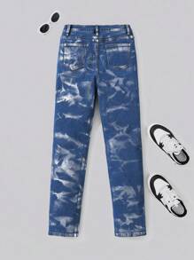 SHEIN Jeans de mezclilla azul lavados suaves, elásticos y metálicos de alta calidad para ropa de festival de música para adolescentes