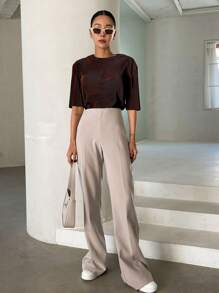 DAZY Áo thun tay ngắn xếp ly màu trơn cho nữ trong suốt - Cà phê nâu - Xem 4