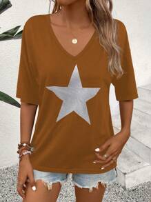 SHEIN LUNE Women's Summer Casual V-Neck Short Sleeve T-Shirt With Star Print