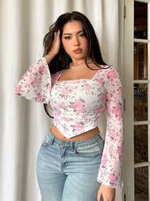 Firerie Floral Print Slim Fit Short Cropped T-Shirt With Bell Sleeves For Spring/Summer