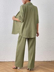 SHEIN LUNE Bộ đồ hai mảnh đơn giản thoải mái mùa hè cho nữ, áo sơ mi tay ngắn trễ vai màu trơn rộng rãi và quần dài - xanh quân đội - Xem 2