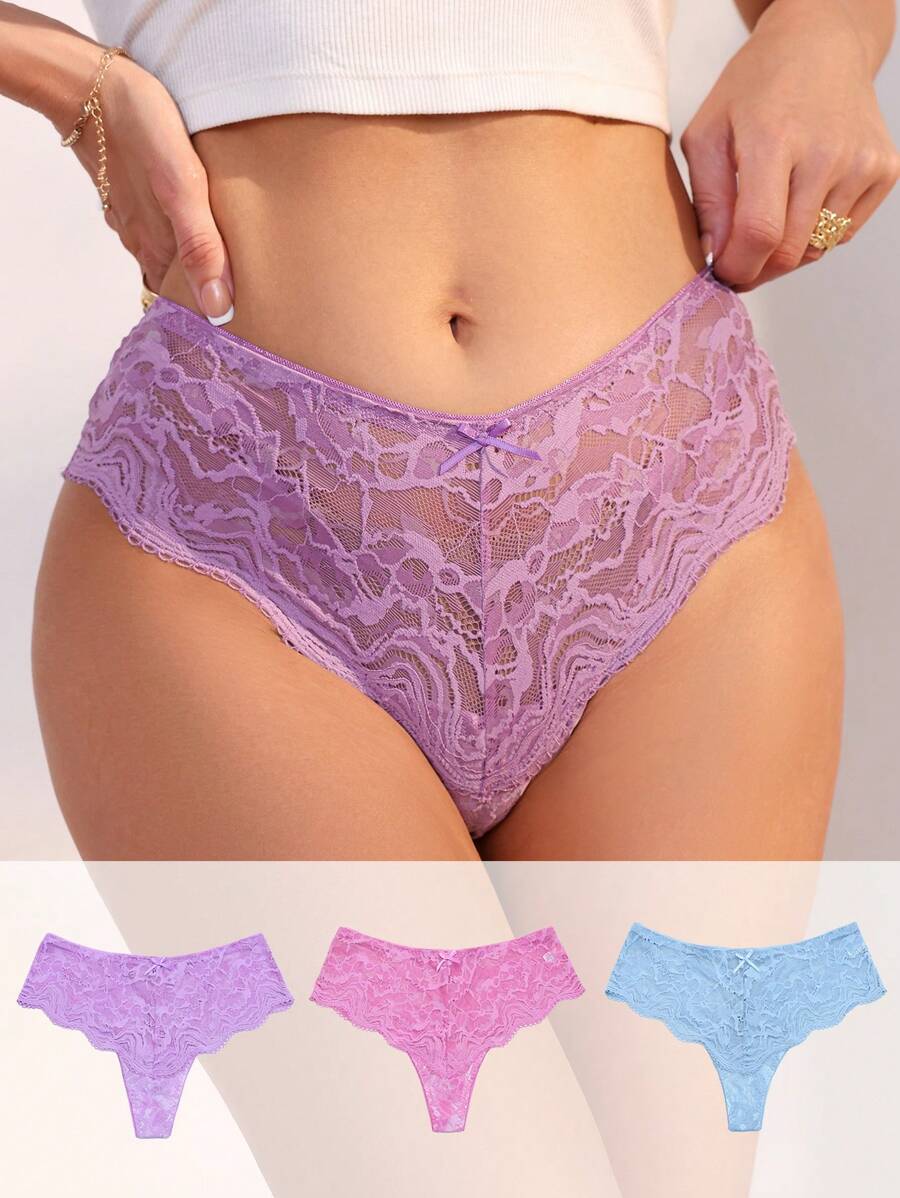 SHEIN Mujeres Calzones T-Back de encaje en unicolor con decoración de lazo - Multicolor - Ver 1