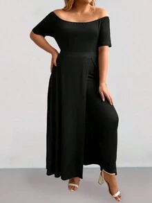 SHEIN Clasi Plus Size Áo liền quần ngắn trễ vai màu trơn cho mùa hè - màu đen - Xem 3