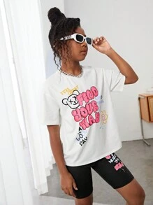 SHEIN Camiseta Holgada Con Estampado Gráfico Y Pantalones Cortos Para Ciclista De Niñas Adolescentes