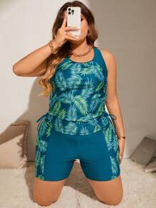 Swim Lushoire 大尺碼女士夏季沙灘熱帶植物印花坦克式比基尼套裝，適合假期穿著 - 彩色 - 查看 5