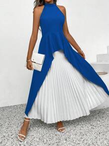 Chiquease 夏季休閒不對稱後系頸帶落肩上衣和百褶裙套裝