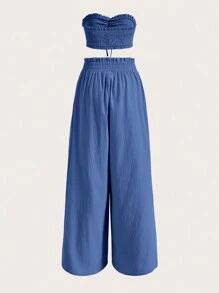 SHEIN EZwear Grote maten Blauw Jacquard Zonder bandjes Geplooide Tops En Papier Tas Broeken met brede pijpen Sets