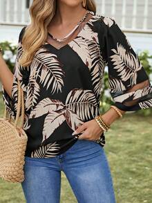 EMERY ROSE Chemise d'été mode femme avec impression florale tropicale contrastée en maille - Multicolore - Voir 4