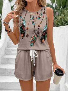EMERY ROSE Feather Printed Vest And Solid Color Shorts Summer Women Slim Fit 2-Piece Set