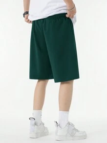 Manfinity Hypemode Loose Fit Men Shorts With Slogan Graphic Patches - Dark Green - View 2