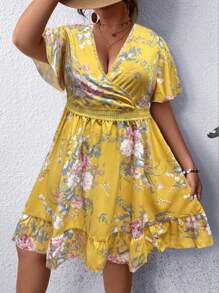 Flirla 女士時尚的夏日假期印花V領加大碼連衣裙，束腰設計