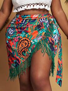 Slaydiva Falda envolvente con estampado de paisley, parches y flecos en la dobladillo para mujer de talla grande, para el verano