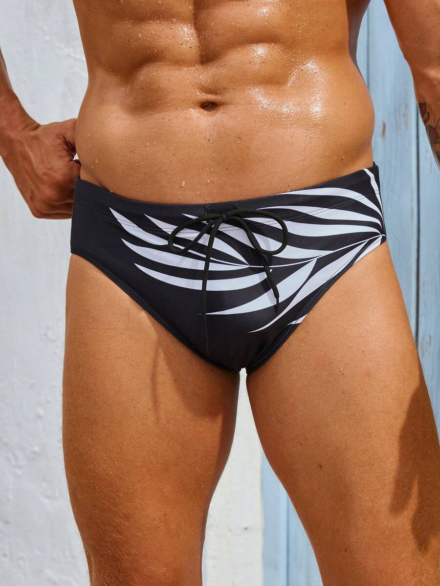 Manfinity Nam In thực vật Dây rút Tam giác Quần bơi Trunk , Thích hợp Đối với bờ biển In Mùa hè - Đen và trắng - Xem 1
