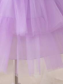 SHEIN Glamorique Kids 年輕女孩生日聚會假日美人魚公主蛋糕裙短扇袖，紫綠色貝殼形狀珠子、假珍珠和網眼精美連衣裙