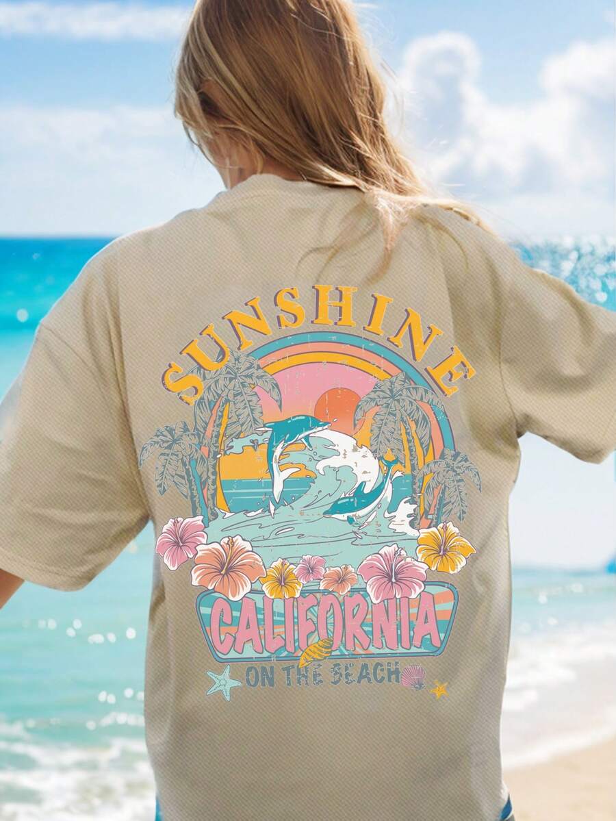 SHEIN EZwear 女士寬鬆T卹，夏季短袖海洋印花休閒T恤 - 杏色 - 查看 1