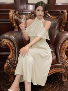 DAZY Women Solid Color Open Shoulder Halter Neck Dress For Summer Prom Dress Sundress,Formal Women Dresses Elegant Women Dresses - Beige - View 1