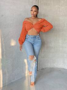 SHEIN SXY NỮ Màu thuần Xoắn Nút Đúng mốt Áo Đối với Mặc hàng ngày - trái cam - Xem 4