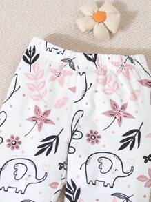 Młoda dziewczyna Prosty i uroczy Liście Koali Drukuj Krótkie rękawy i długie spodnie wokół szyi 2-częściowy obcisły zestaw piżam