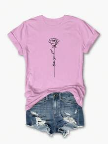 SHEIN Qutie Của phụ nữ Mùa hè In Hoa hồng Phù hợp thường Lỏng lẻo Ngắn tay Vòng cổ Áo thun - Hồng - Xem 3