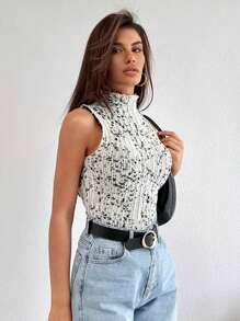 RueChic Turtle Neck Melange Vest - Black and White - View 1