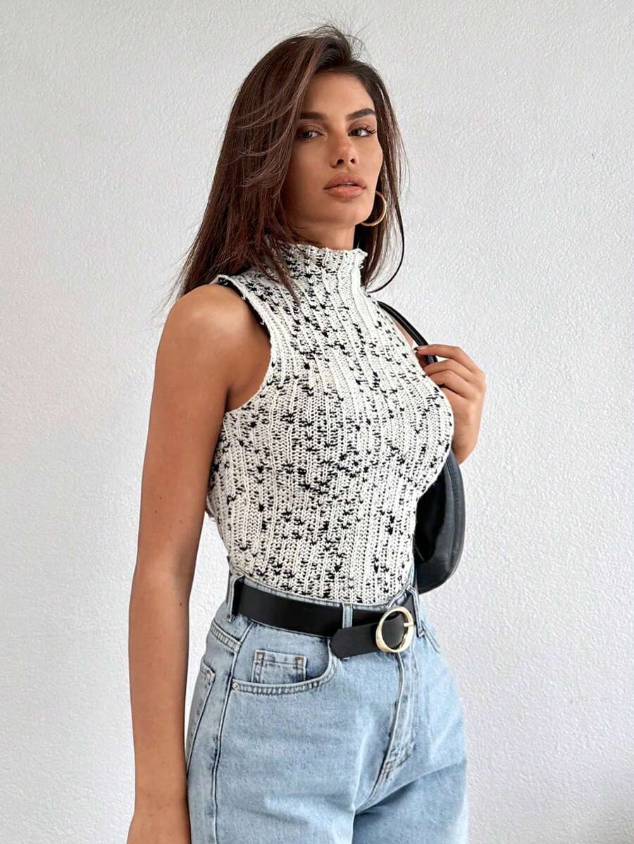 RueChic Turtle Neck Melange Vest - Black and White - View 1