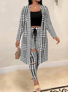 SHEIN LUNE Conjunto de tres piezas de talla grande con estampado de espiga y detalles desgastados