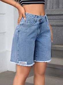 SHEIN Essnce 夏季寬鬆直筒牛仔短褲，斜口口袋和破邊設計，適合街頭服裝 - 淺色水洗藍 - 查看 1