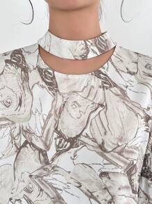 FRIFUL Women Summer Loose Blouse With All-Over Print And Hollow Out Sleeves Long Sleeve Top - Apricot - View 7