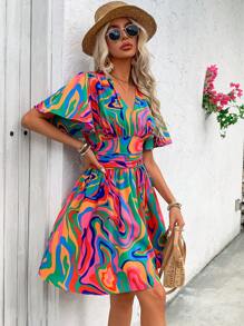 SHEIN LUNE Vacation Style Full-Printed V-Neck Flutter Sleeve Pleated Waist Dress For Summer - Multicolor - View 3