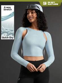 In My Nature Women's Letter Print Hollow Out Slim Fit Cropped Outdoor T-Shirt - Blue - View 1