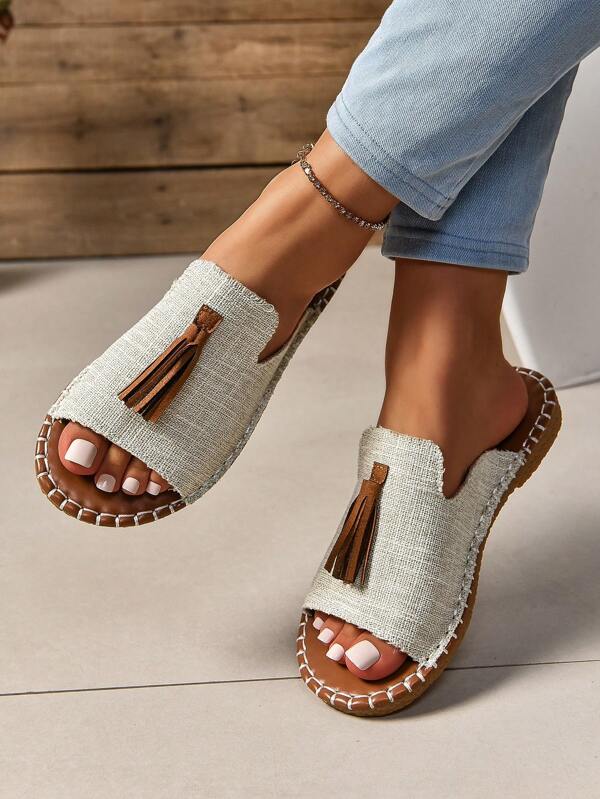 Women Fringed Flat Sandals, Beach Cocoa Wet Water Slippers, Antiskid Outdoor Fashionable And Versatile