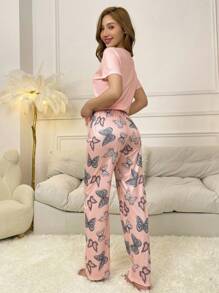 Conjunto de pijama con estampado de mariposa, manga corta y pantalón largo para mujer