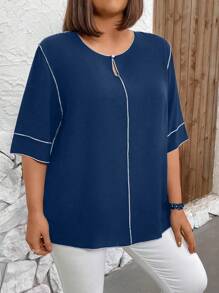 SHEIN LUNE 大尺碼女士夏季圓領半袖寬鬆上衣，帶有裝飾性縫合 - 水鴨藍 - 查看 4