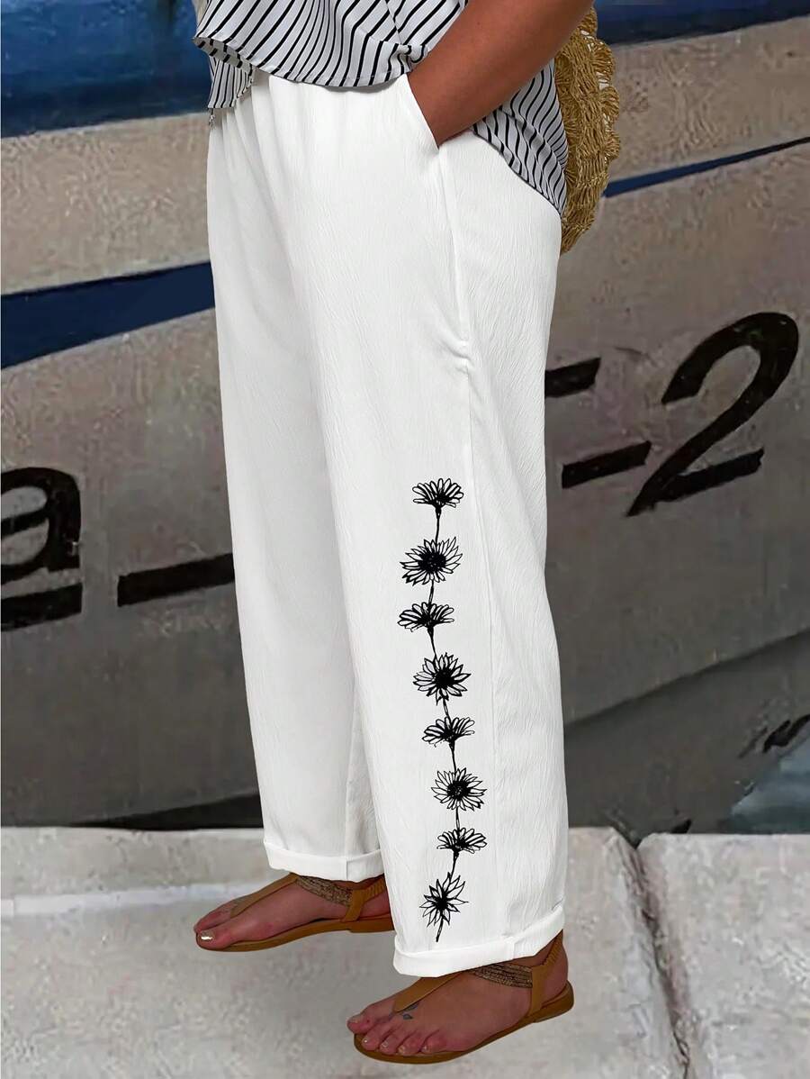 SHEIN LUNE Talla grande Pantalones con estampado floral de cintura elástica - Blanco - Ver 1